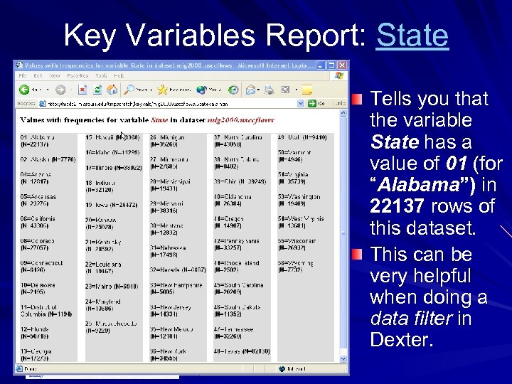 Key Variables Report: State Tells you that the variable State has a value of