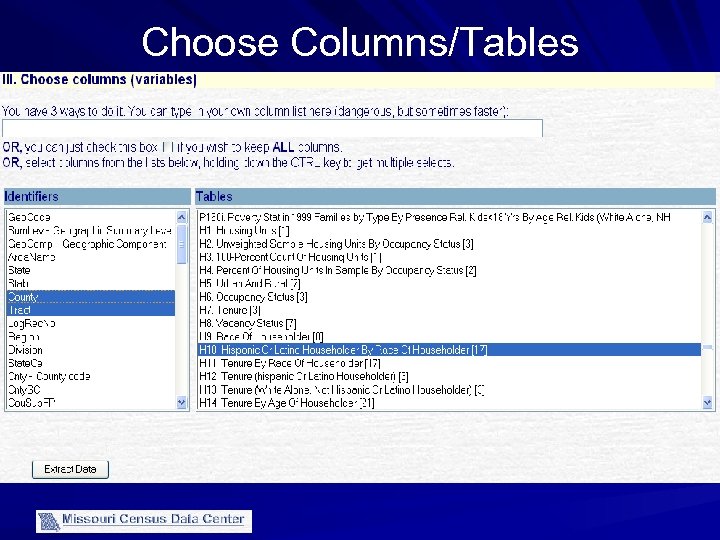 Choose Columns/Tables 