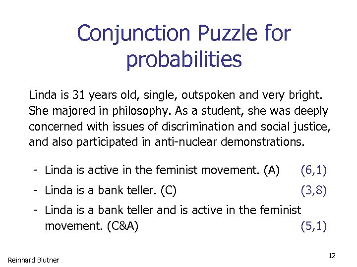 Conjunction Puzzle for probabilities Linda is 31 years old, single, outspoken and very bright.