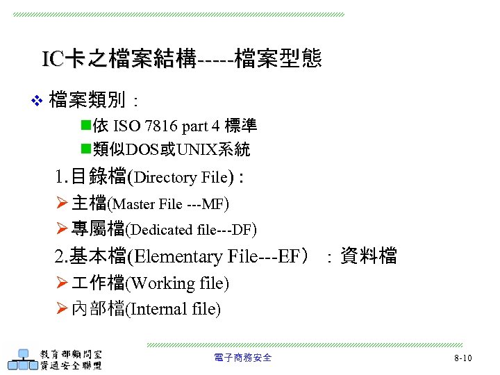 IC卡之檔案結構-----檔案型態 ----v 檔案類別： n依 ISO 7816 part 4 標準 n類似DOS或UNIX系統 1. 目錄檔(Directory File) :
