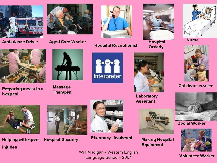 Ambulance Driver Preparing meals in a hospital Aged Care Worker Hospital Receptionist Hospital Orderly