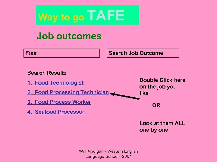 Way to go TAFE Job outcomes Food Search Job Outcome Search Results 1. Food