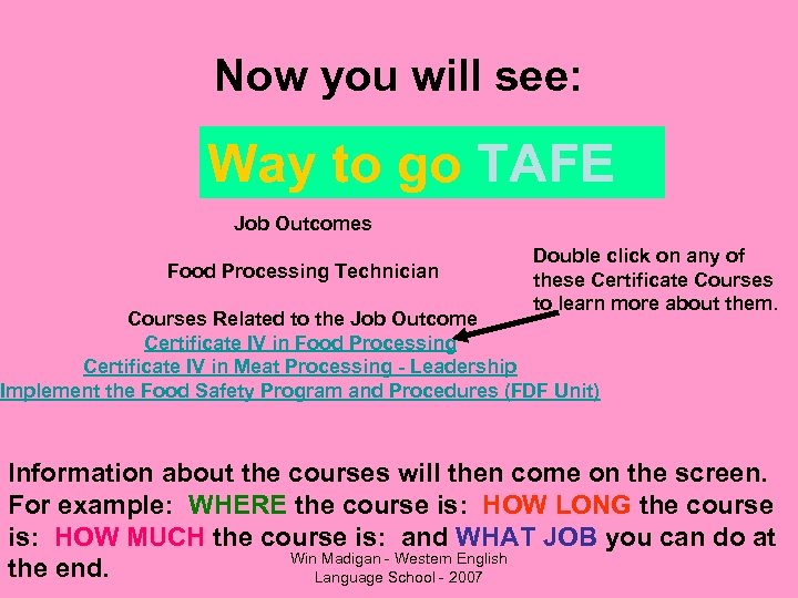 Now you will see: Way to go TAFE Job Outcomes Food Processing Technician Double