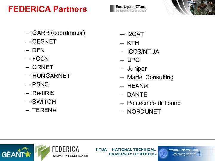 FEDERICA Partners – – – – – GARR (coordinator) CESNET DFN FCCN GRNET HUNGARNET