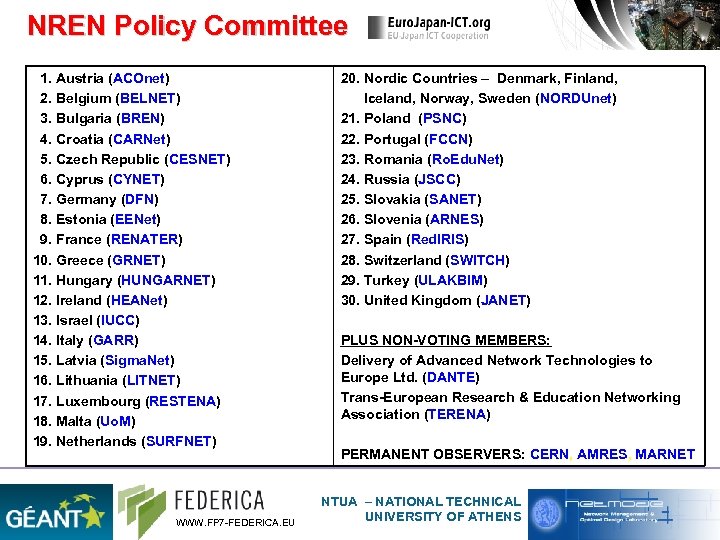 NREN Policy Committee 1. Austria (ACOnet) 2. Belgium (BELNET) 3. Bulgaria (BREN) 4. Croatia