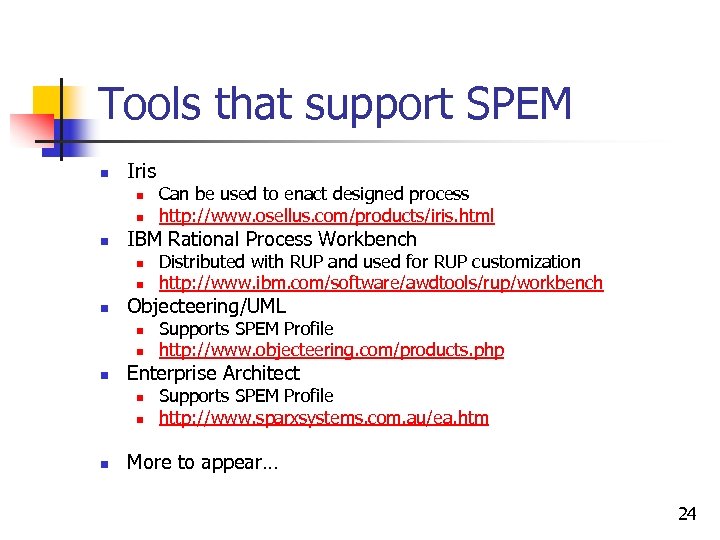 Tools that support SPEM n Iris n n n IBM Rational Process Workbench n