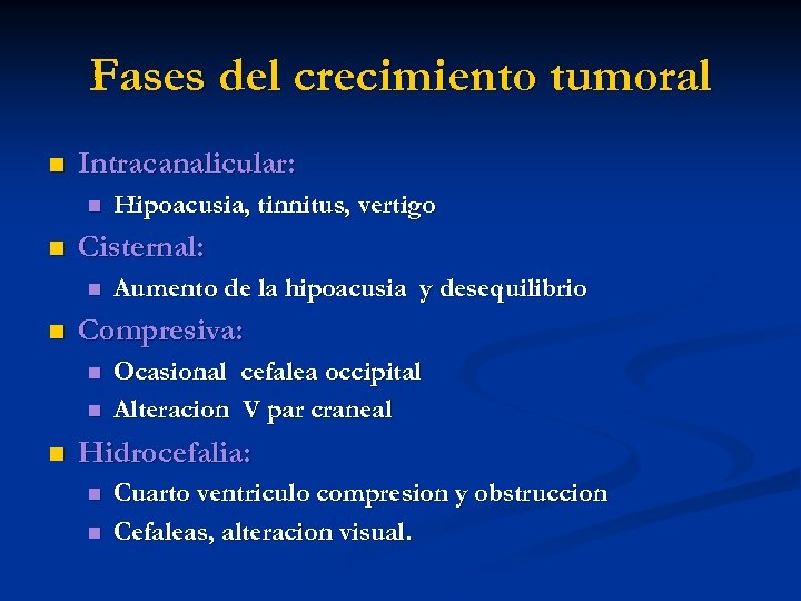 Fases del crecimiento tumoral n Intracanalicular: n n Cisternal: n n Aumento de la