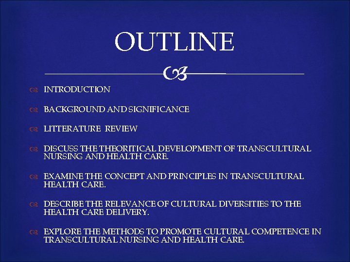  INTRODUCTION OUTLINE BACKGROUND AND SIGNIFICANCE LITTERATURE REVIEW DISCUSS THEORITICAL DEVELOPMENT OF TRANSCULTURAL NURSING