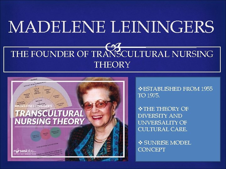 MADELENE LEININGERS THE FOUNDER OF TRANSCULTURAL NURSING THEORY v. ESTABLISHED FROM 1955 TO 1975.