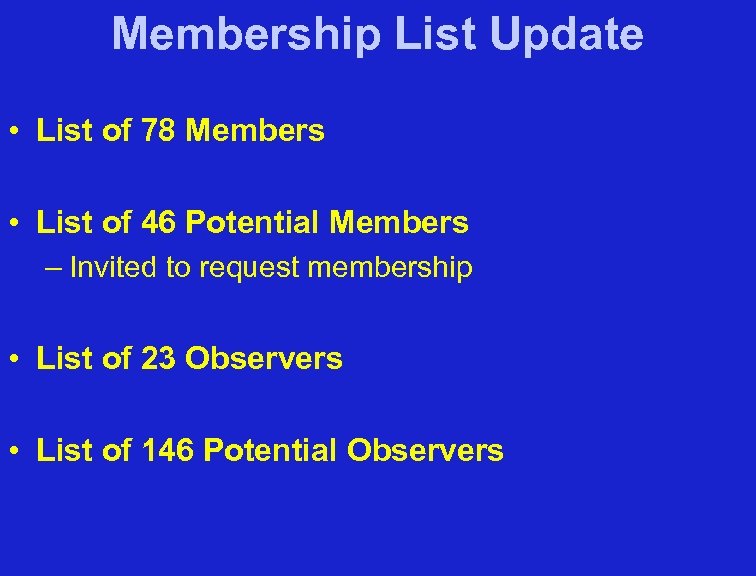 Membership List Update • List of 78 Members • List of 46 Potential Members