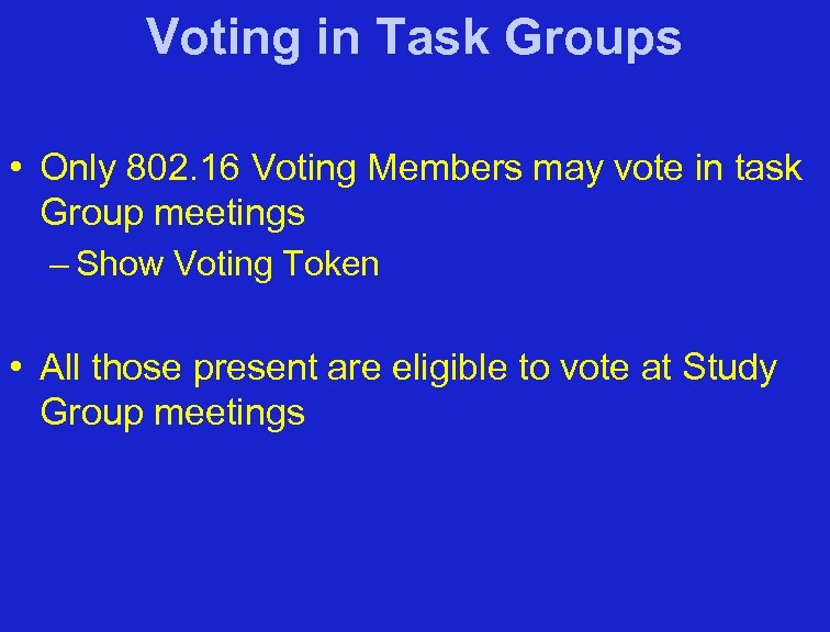 Voting in Task Groups • Only 802. 16 Voting Members may vote in task