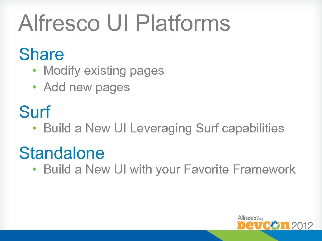 Alfresco UI Platforms Share • Modify existing pages • Add new pages Surf •