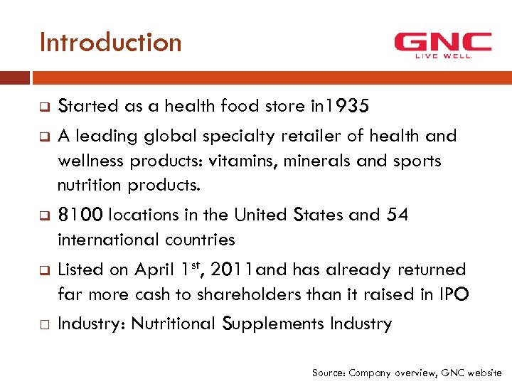 Introduction q q Started as a health food store in 1935 A leading global