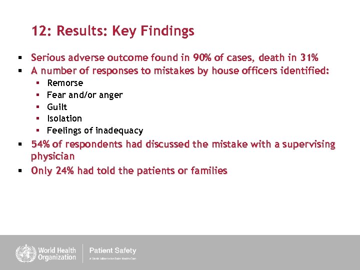 12: Results: Key Findings § Serious adverse outcome found in 90% of cases, death