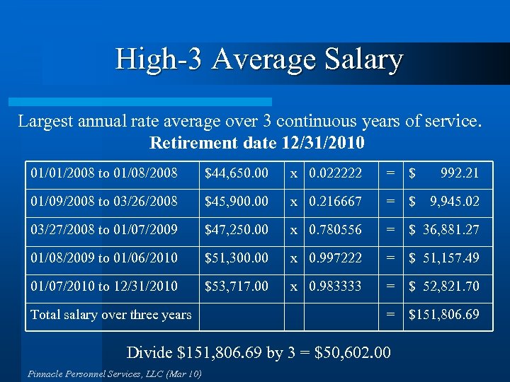 High-3 Average Salary Largest annual rate average over 3 continuous years of service. Retirement