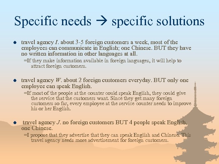 Specific needs specific solutions | travel agency I. about 3 -5 foreign customers a