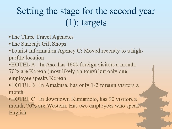 Setting the stage for the second year (1): targets • The Three Travel Agencies