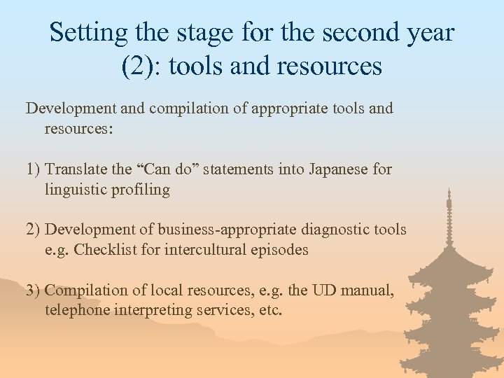 Setting the stage for the second year (2): tools and resources Development and compilation