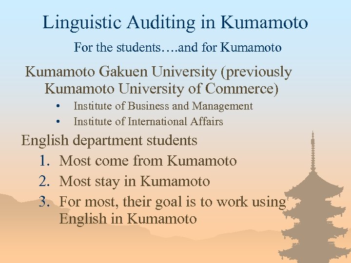 Linguistic Auditing in Kumamoto For the students…. and for Kumamoto Gakuen University (previously Kumamoto