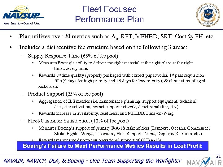 Naval Inventory Control Point Fleet Focused Performance Plan • Plan utilizes over 20 metrics