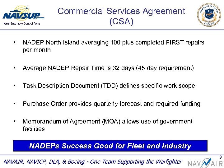 Naval Inventory Control Point Commercial Services Agreement (CSA) • NADEP North Island averaging 100