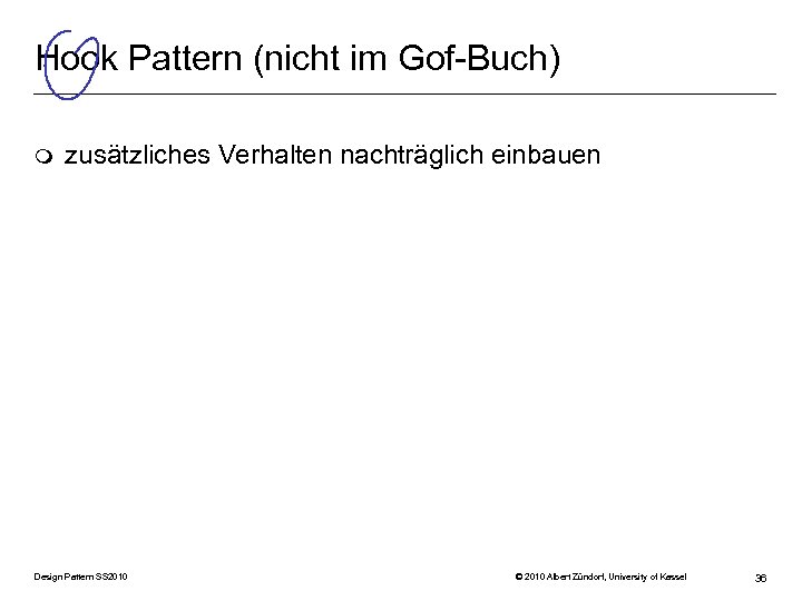 Hook Pattern (nicht im Gof-Buch) m zusätzliches Verhalten nachträglich einbauen Design Pattern SS 2010