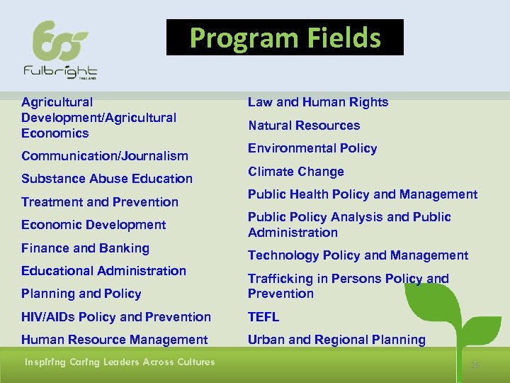 Program Fields Agricultural Development/Agricultural Economics Communication/Journalism Substance Abuse Education Treatment and Prevention Economic Development