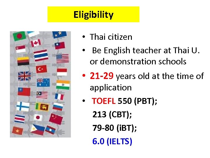 Eligibility • Thai citizen • Be English teacher at Thai U. or demonstration schools