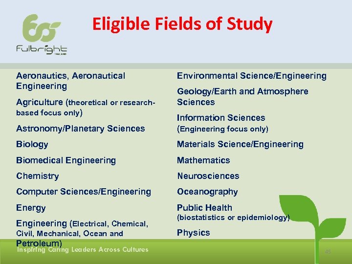 Eligible Fields of Study Aeronautics, Aeronautical Engineering Agriculture (theoretical or researchbased focus only) Environmental