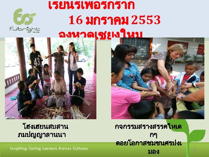 เรยนรเพอรกราก 16 มกราคม 2553 จงหวดเชยงใหม โฮงเฮยนสบสาน ภมปญญาลานนา Inspiring Caring Leaders Across Cultures กจกรรมสรางสรรคใหเด กๆ