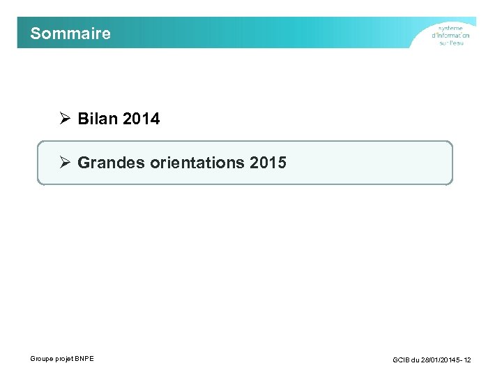 Sommaire Ø Bilan 2014 Ø Grandes orientations 2015 Groupe projet BNPE GCIB du 28/01/20145