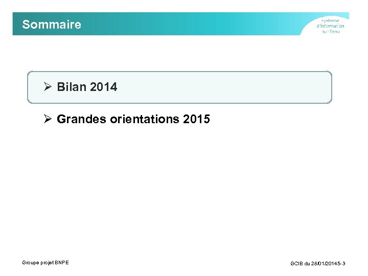 Sommaire Ø Bilan 2014 Ø Grandes orientations 2015 Groupe projet BNPE GCIB du 28/01/20145
