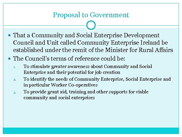 Proposal to Government That a Community and Social Enterprise Development Council and Unit called