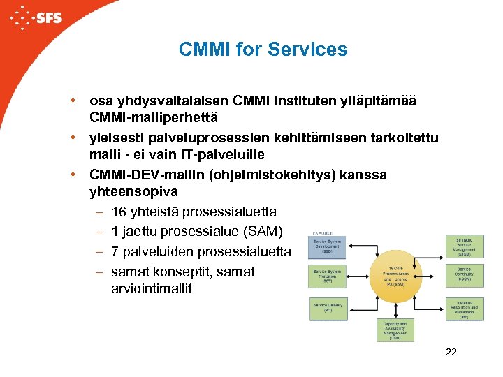 CMMI for Services • osa yhdysvaltalaisen CMMI Instituten ylläpitämää CMMI-malliperhettä • yleisesti palveluprosessien kehittämiseen