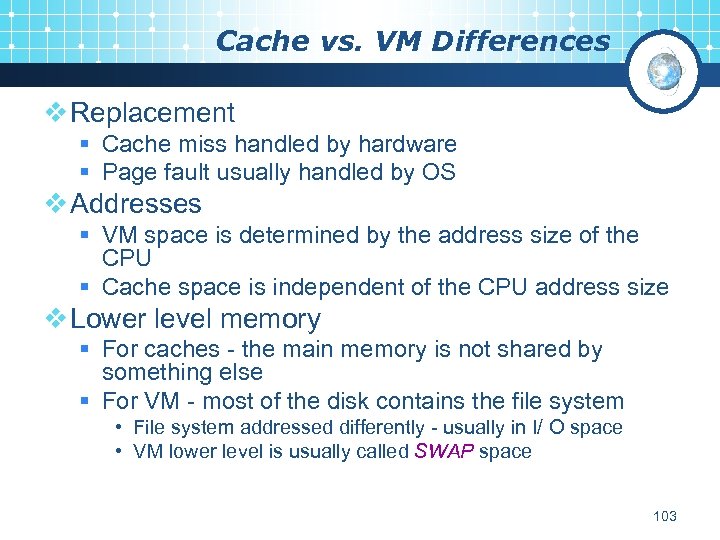 Cache vs. VM Differences v Replacement § Cache miss handled by hardware § Page