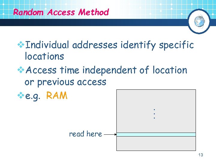 Random Access Method v. Individual addresses identify specific locations v. Access time independent of
