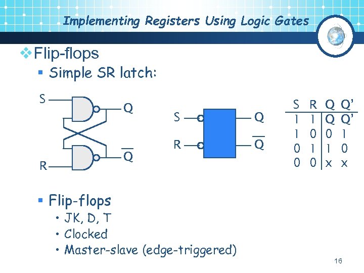Implementing Registers Using Logic Gates v. Flip-flops § Simple SR latch: S Q Q