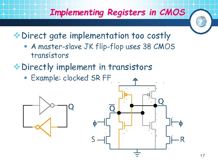 Implementing Registers in CMOS v Direct gate implementation too costly § A master-slave JK