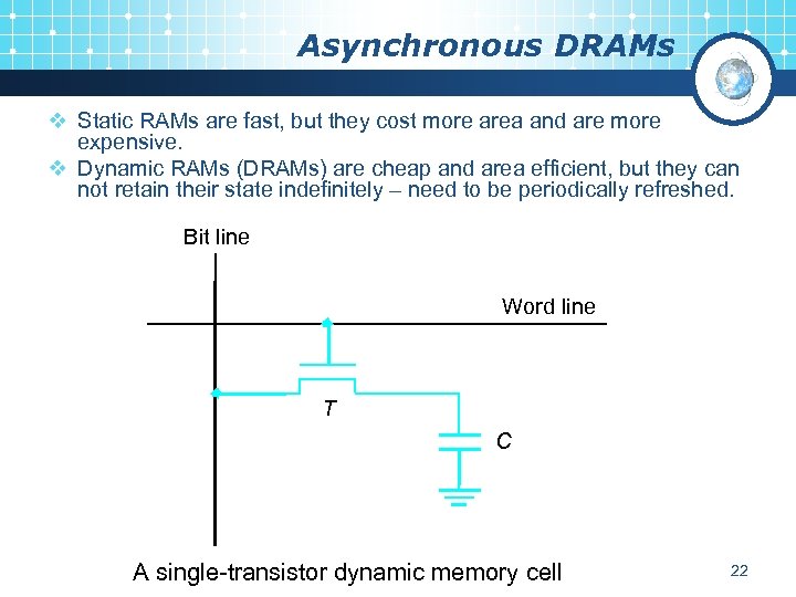Asynchronous DRAMs v Static RAMs are fast, but they cost more area and are