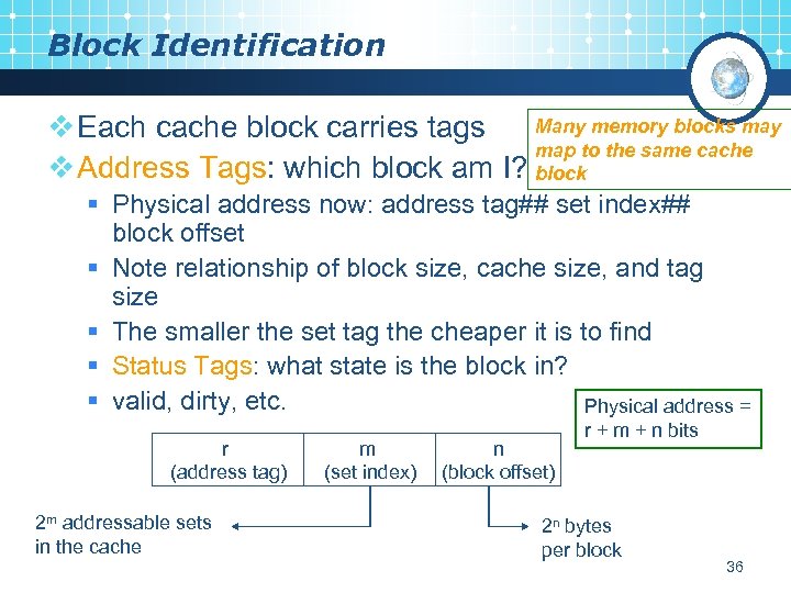 Block Identification Many memory blocks may v Each cache block carries tags map to