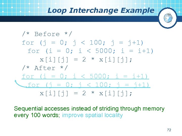 Loop Interchange Example /* Before */ for (j = 0; j < 100; j