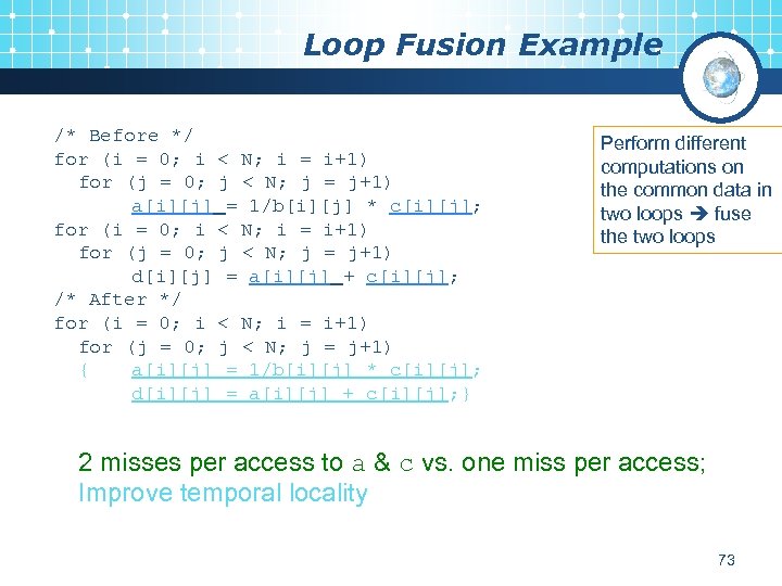 Loop Fusion Example /* Before */ for (i = 0; i < N; i