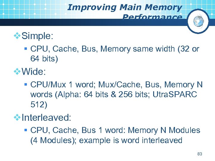 Improving Main Memory Performance v. Simple: § CPU, Cache, Bus, Memory same width (32