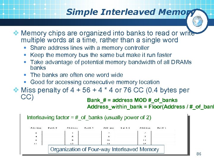 Simple Interleaved Memory v Memory chips are organized into banks to read or write