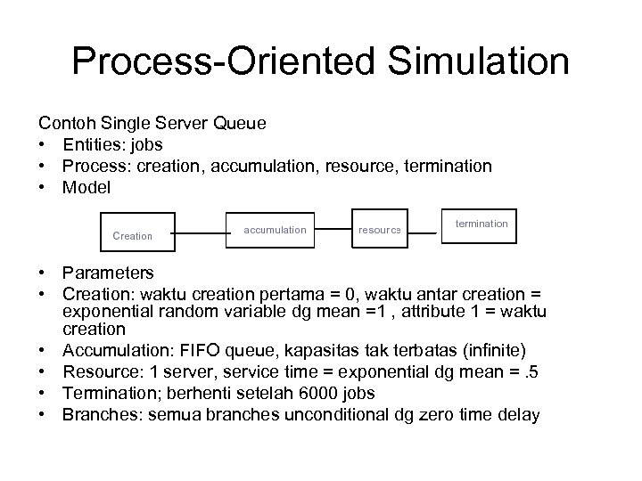 Process-Oriented Simulation Contoh Single Server Queue • Entities: jobs • Process: creation, accumulation, resource,