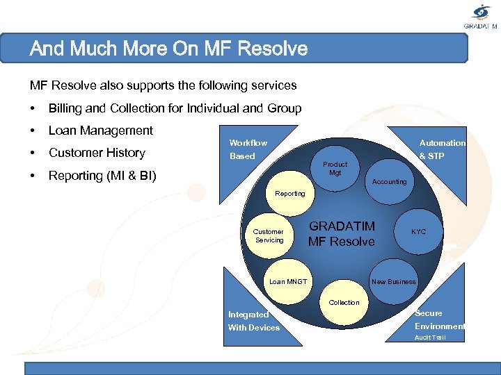 And Much More On MF Resolve also supports the following services • Billing and