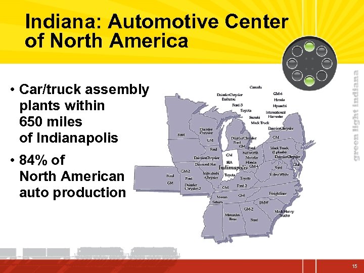 Indiana: Automotive Center of North America • Car/truck assembly plants within 650 miles of