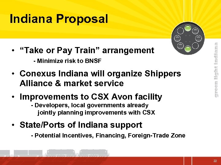 Indiana Proposal • “Take or Pay Train” arrangement - Minimize risk to BNSF •