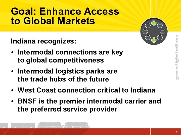 Goal: Enhance Access to Global Markets Indiana recognizes: • Intermodal connections are key to