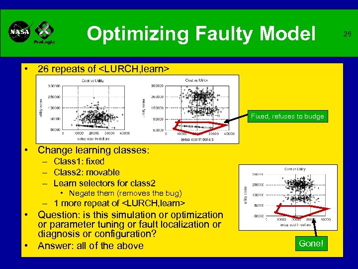 Optimizing Faulty Model • 26 repeats of <LURCH, learn> Fixed, refuses to budge •
